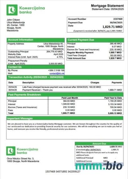 Macedonia Północna Komercijalna Banka wyciąg z kredytu hipotecznego szablon Word i PDF